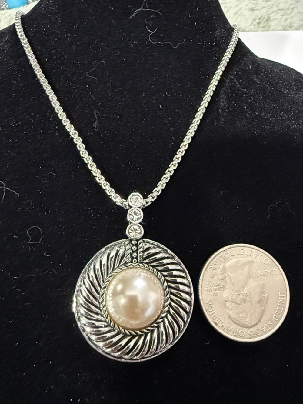 Vintage pearl and Swarovski silver necklace pendant